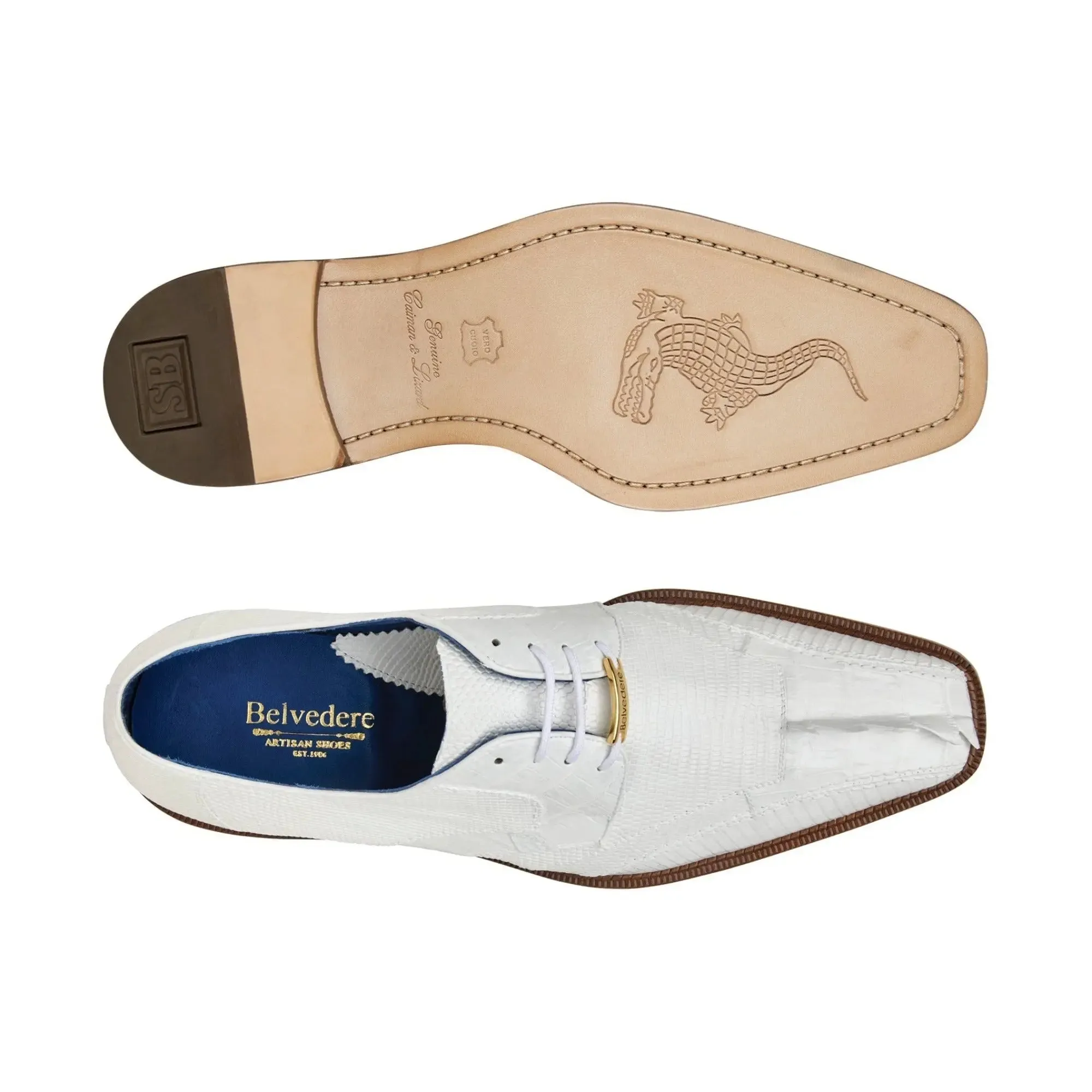 Belvedere Valter in White Genuine Caiman Croc & Lizard Oxfords