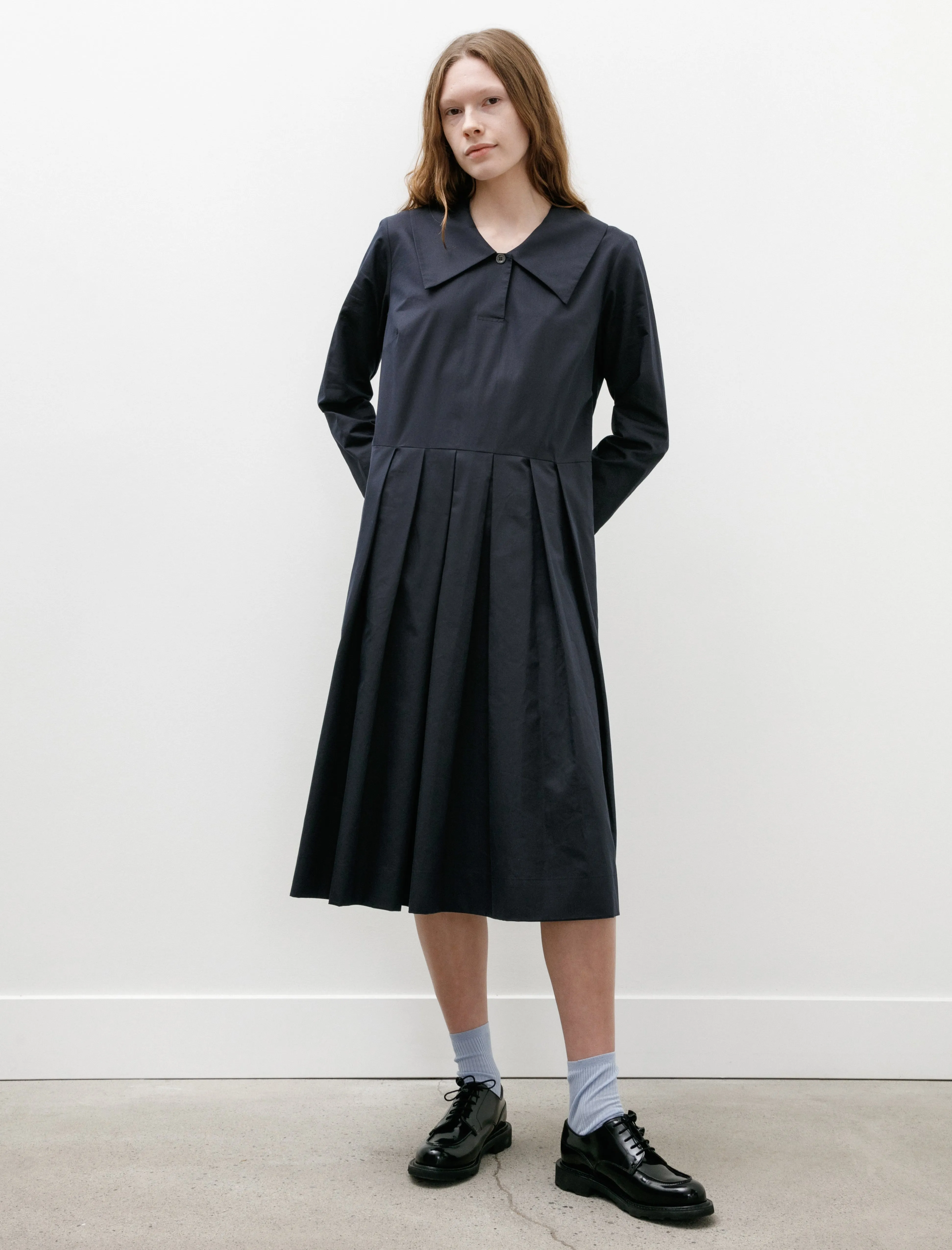 Big Collar Dress Soft Cotton Silk Navy