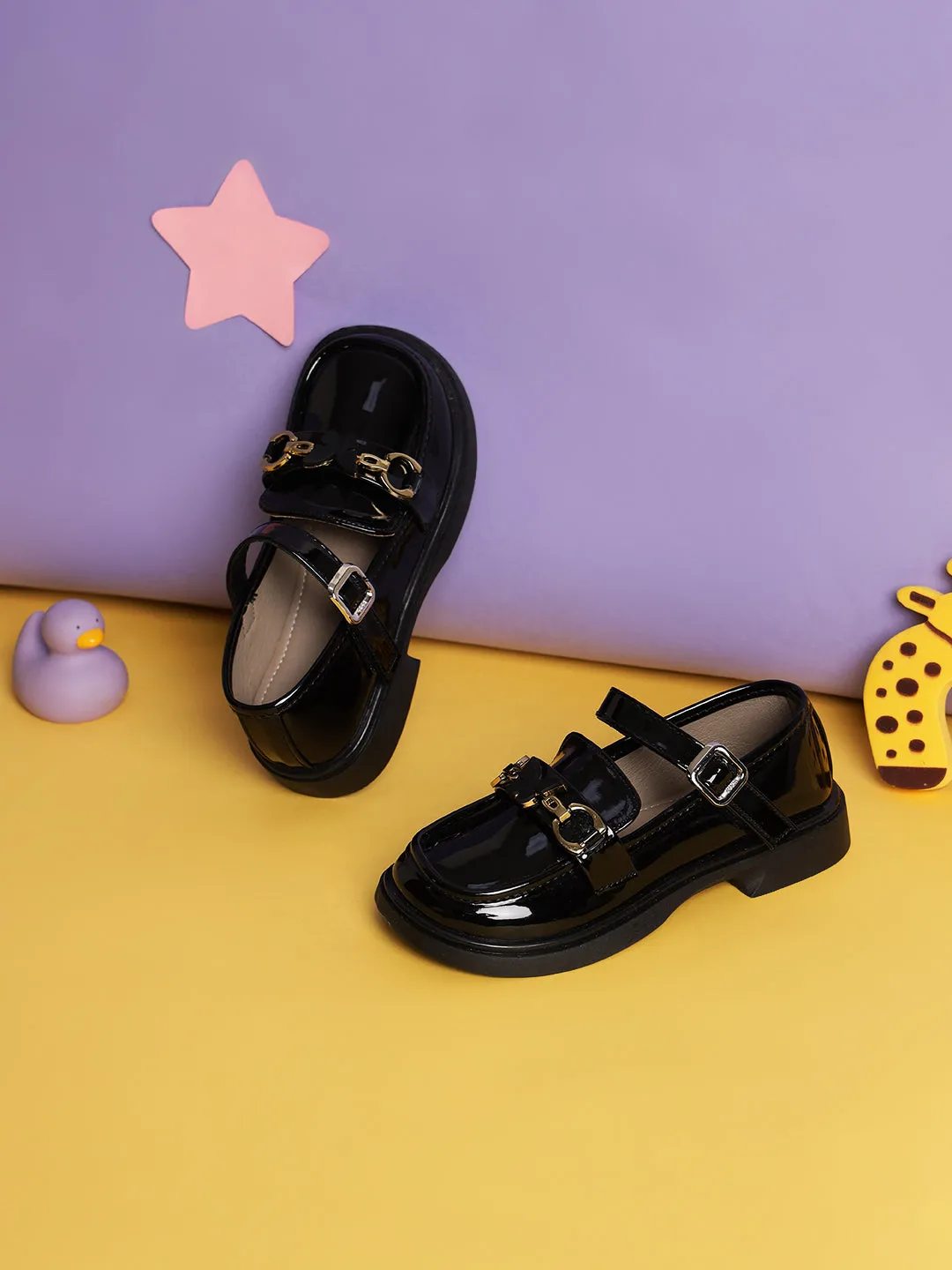 Black Patent Stylish Velcro Loafers For Kids-Girls (TC-RS3636-BLK)