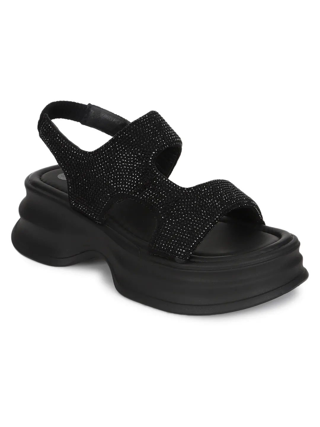 Black PU Diamonte Stylish Slip-On Flats (TC-RS3637-BLK)