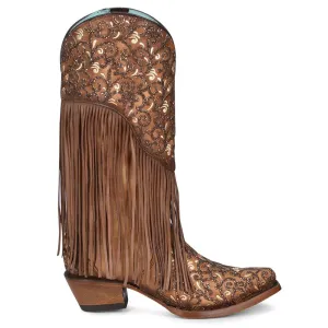 Caracas Fringe and Tooled-Inlay Snip Toe Cowboy Boots