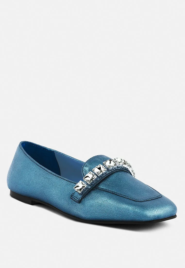 Churros Green Metallic Diamante Leather Loafers