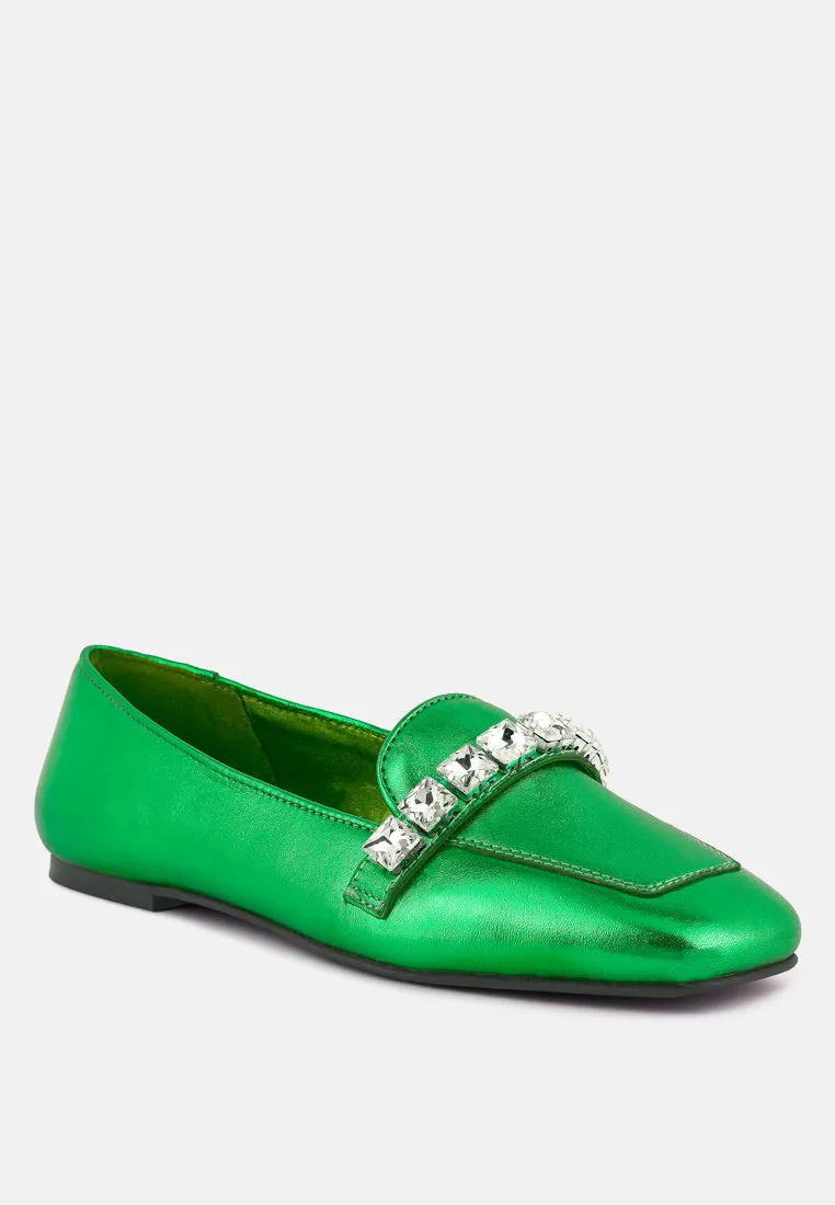 Churros Green Metallic Diamante Leather Loafers