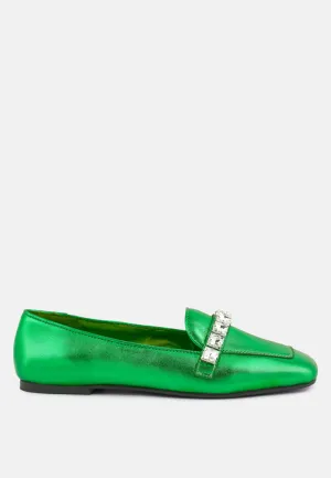 Churros Green Metallic Diamante Leather Loafers