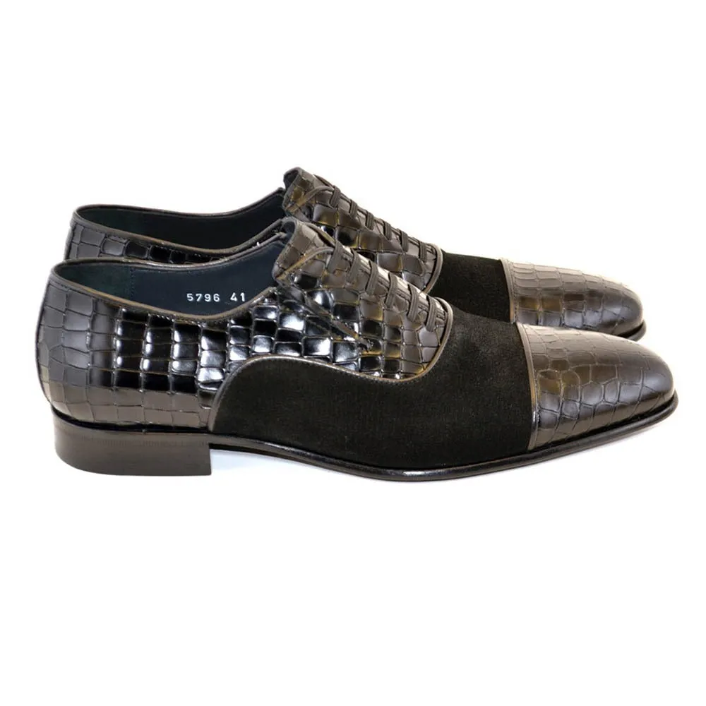 Corrente Black Crocodile Print Calfskin & Suede Leather Fake Laces Mens Slip On