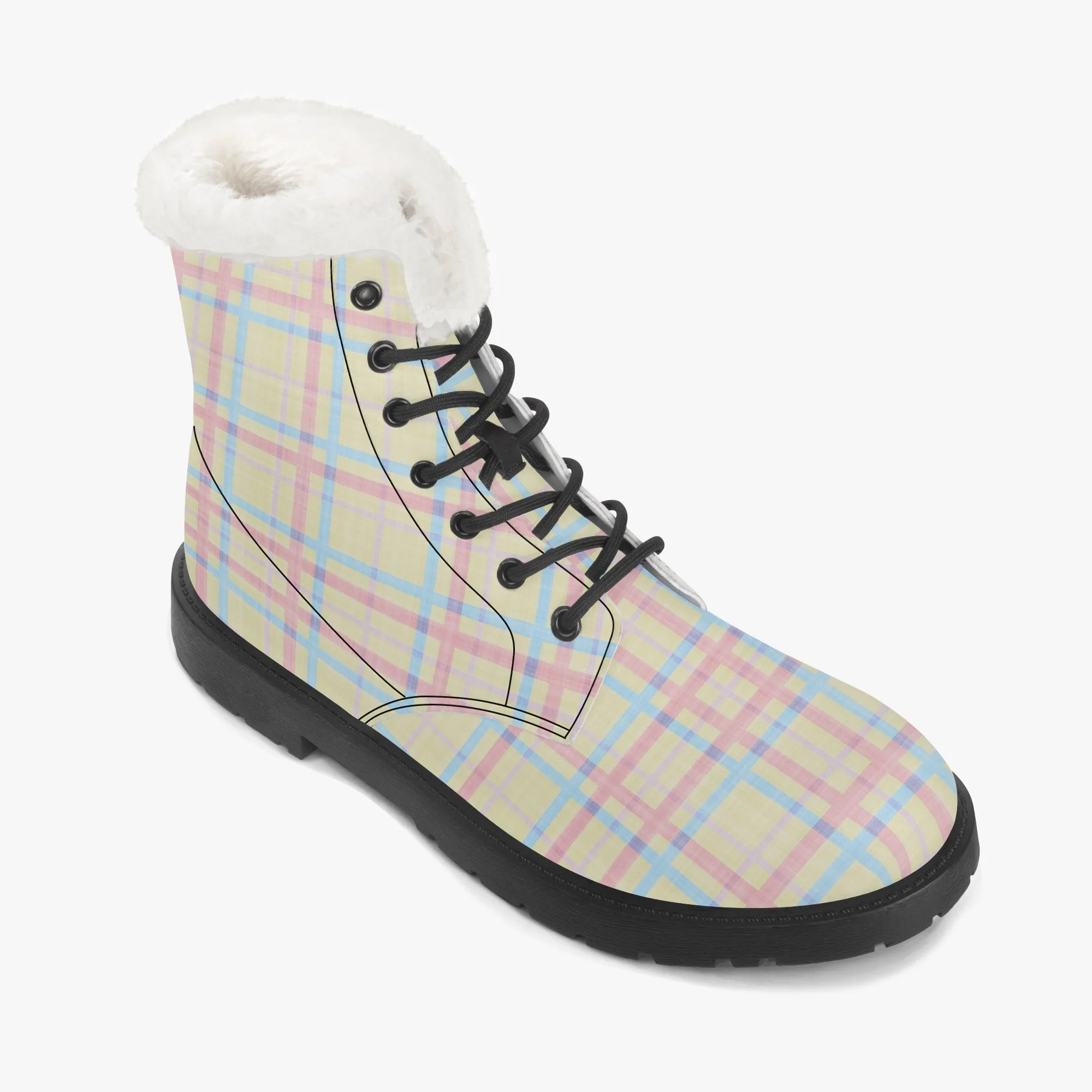 Faux Fur Leather Boots Pastel Tartan