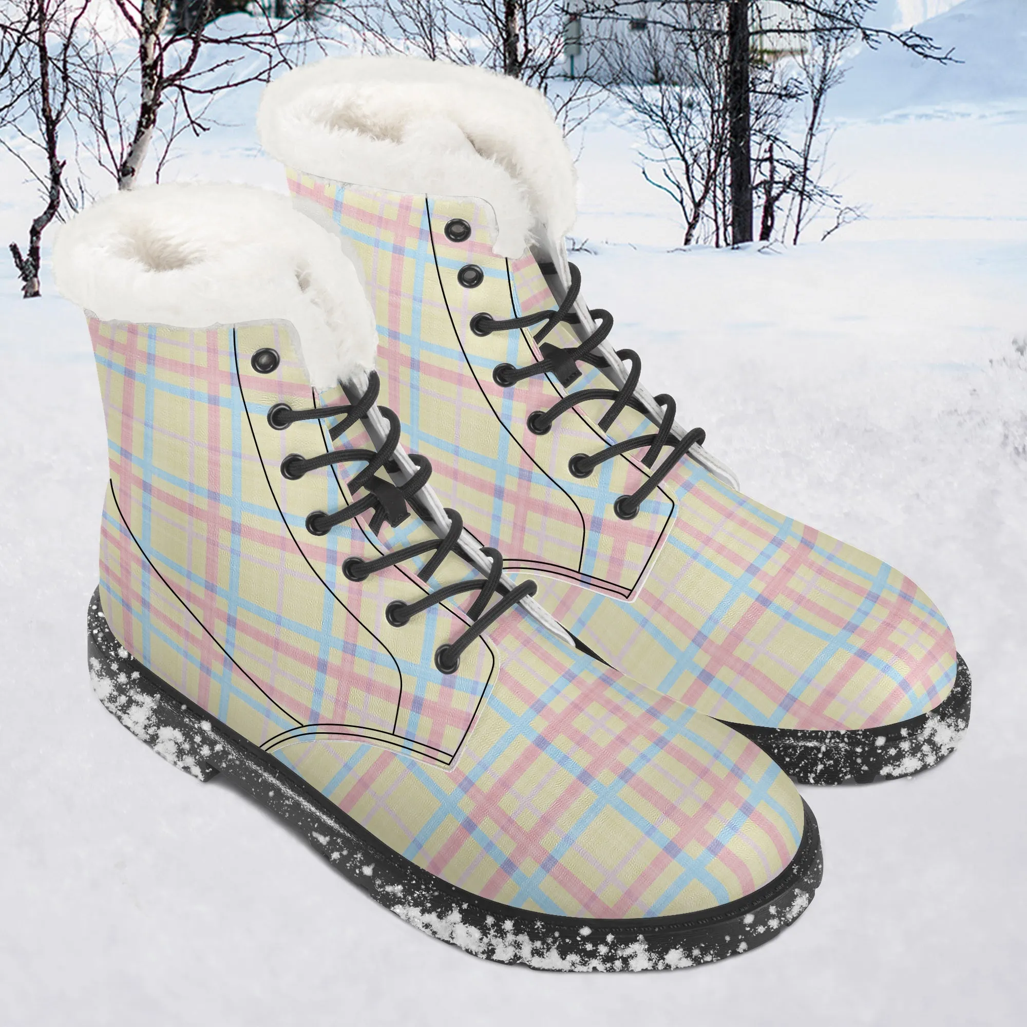 Faux Fur Leather Boots Pastel Tartan