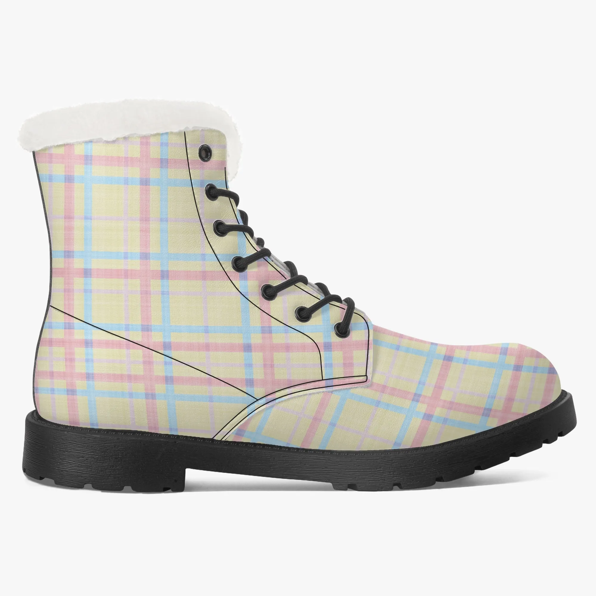 Faux Fur Leather Boots Pastel Tartan