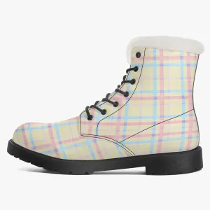 Faux Fur Leather Boots Pastel Tartan