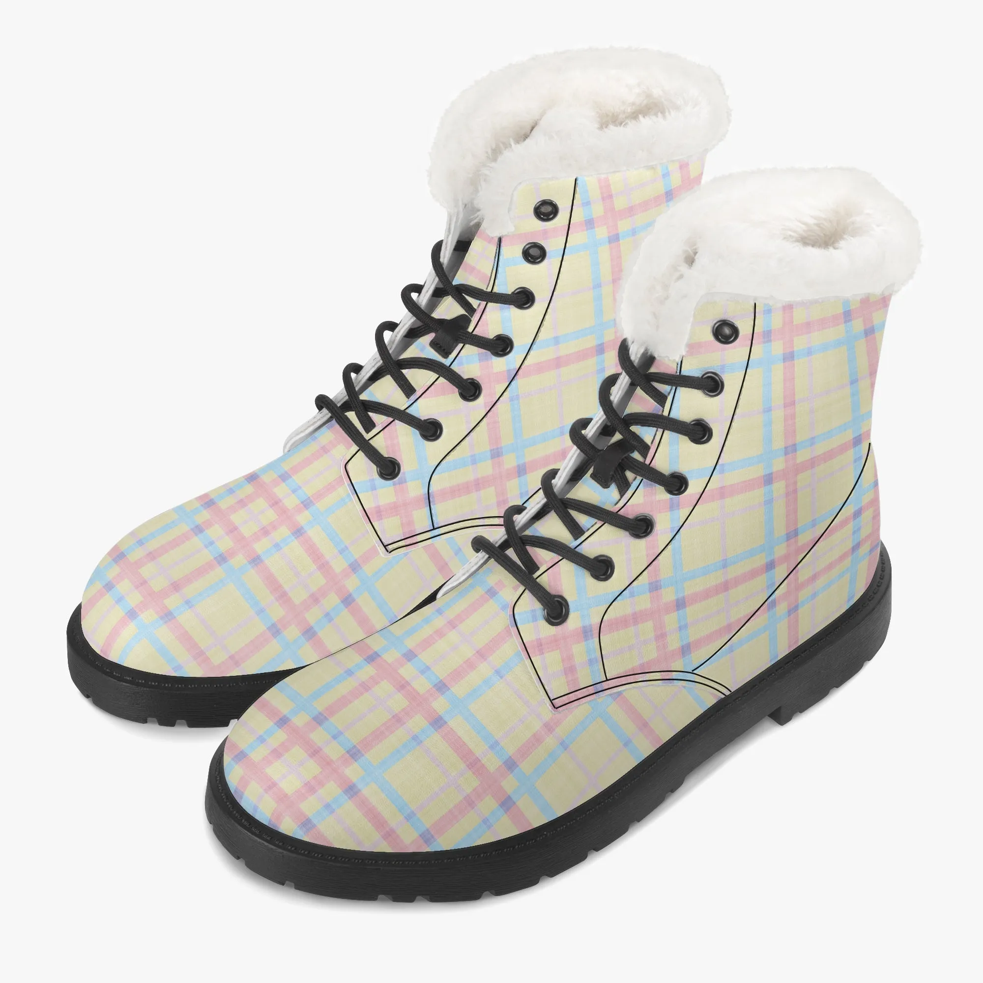 Faux Fur Leather Boots Pastel Tartan