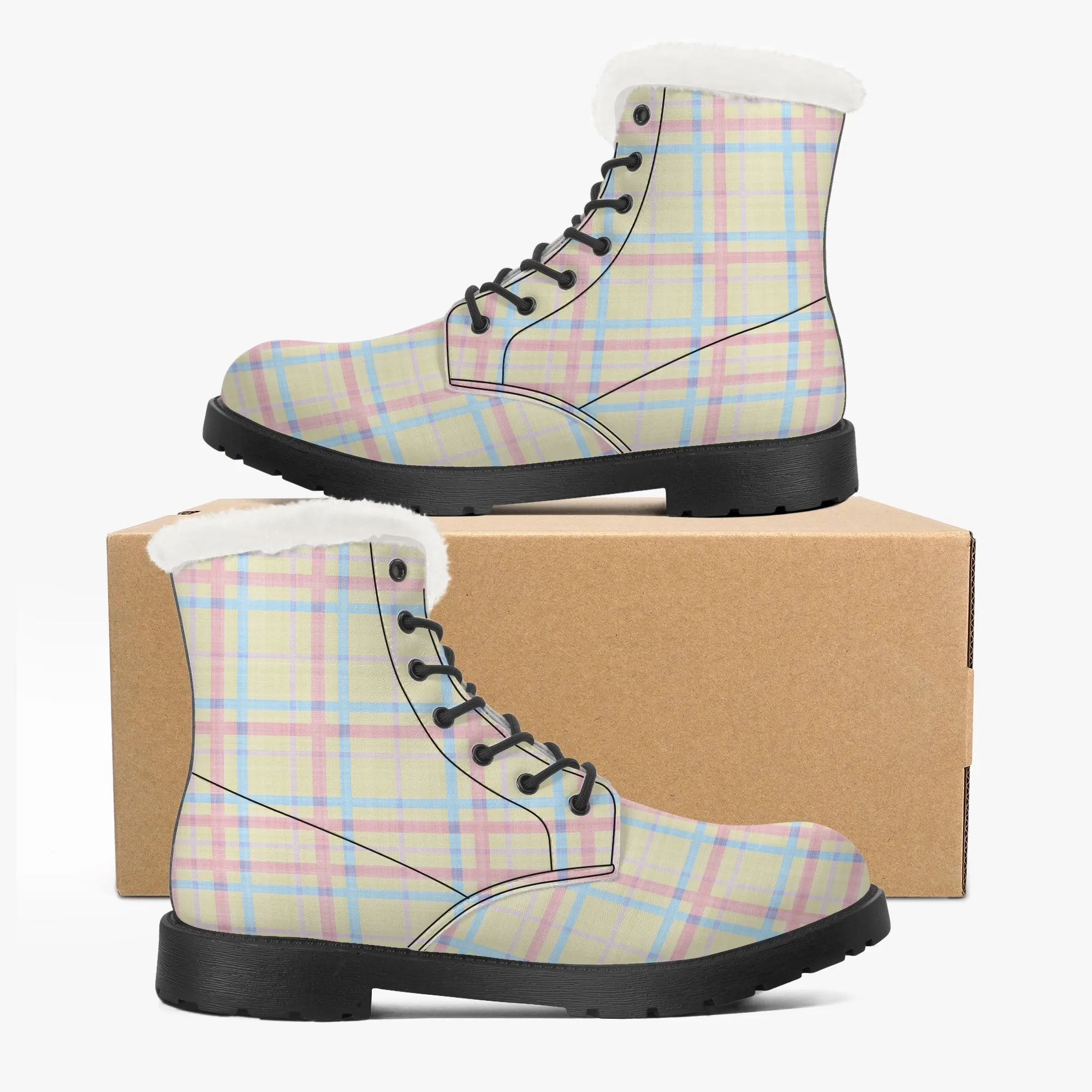 Faux Fur Leather Boots Pastel Tartan