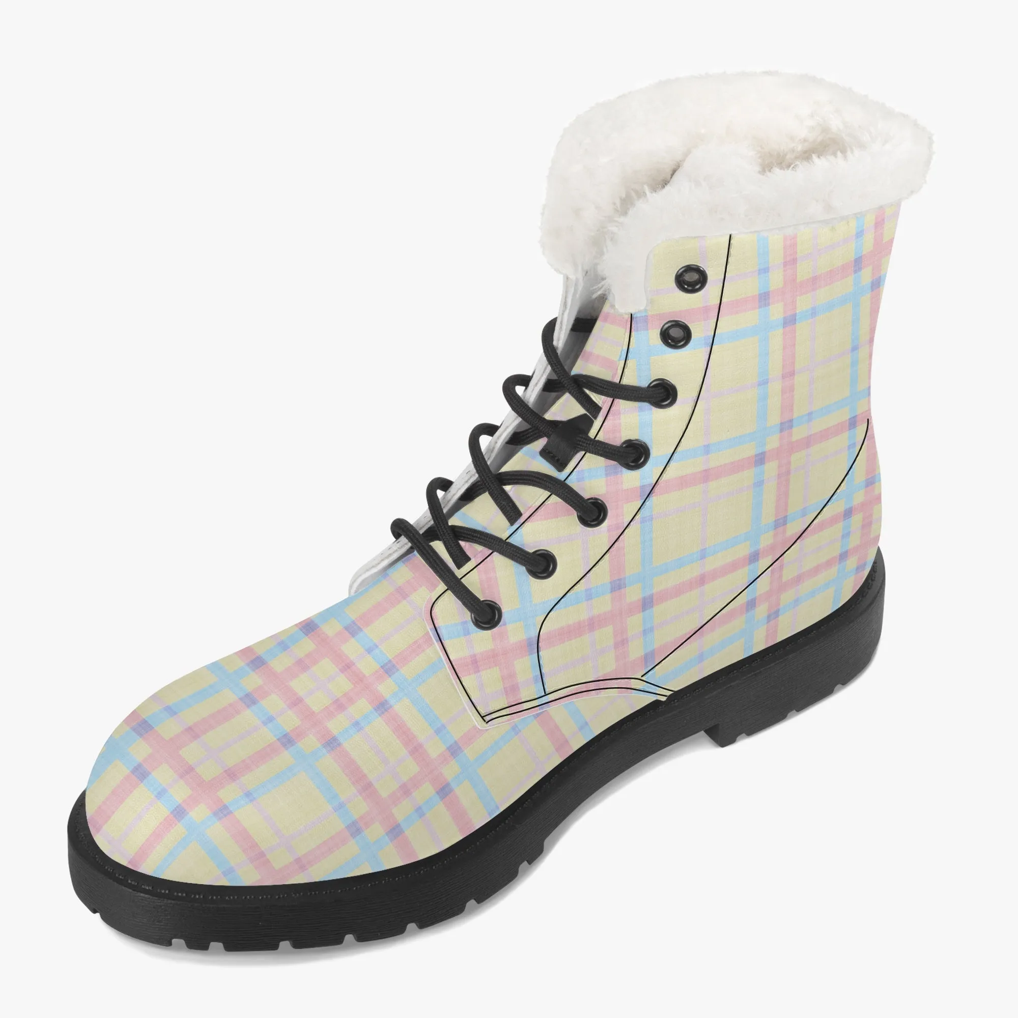 Faux Fur Leather Boots Pastel Tartan