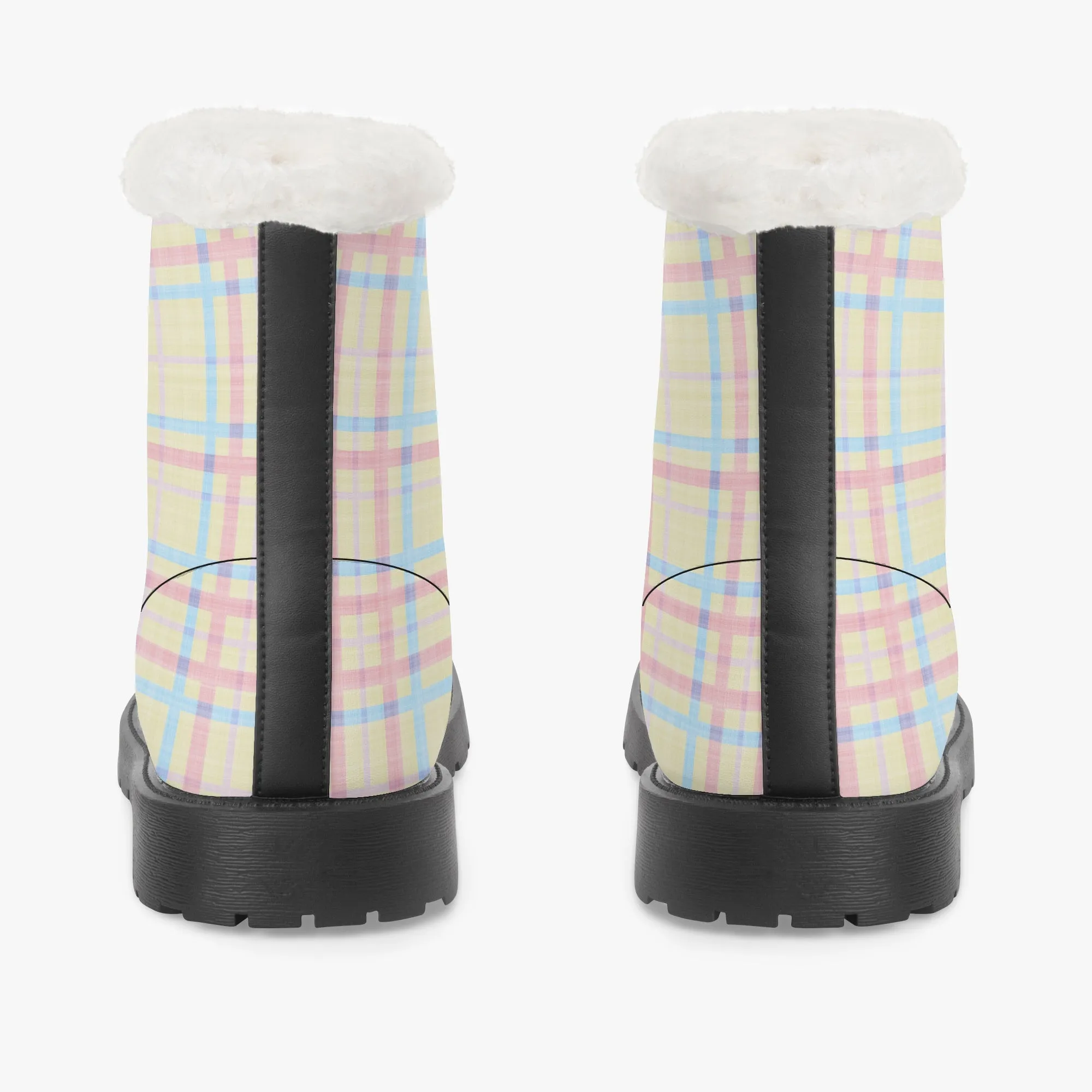 Faux Fur Leather Boots Pastel Tartan