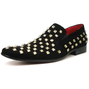 Fiesso Black Suede Gold Crystal Loafers