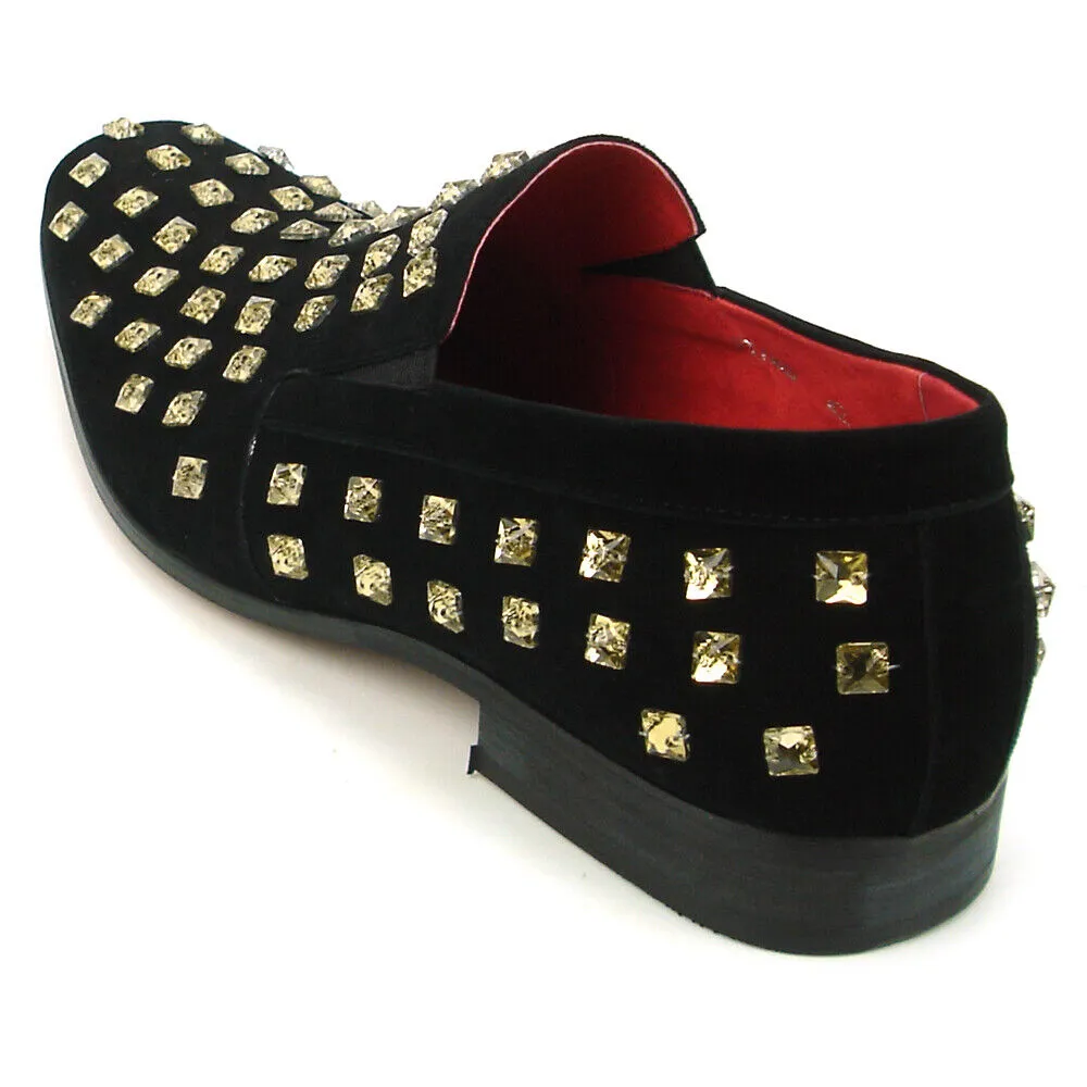 Fiesso Black Suede Gold Crystal Loafers