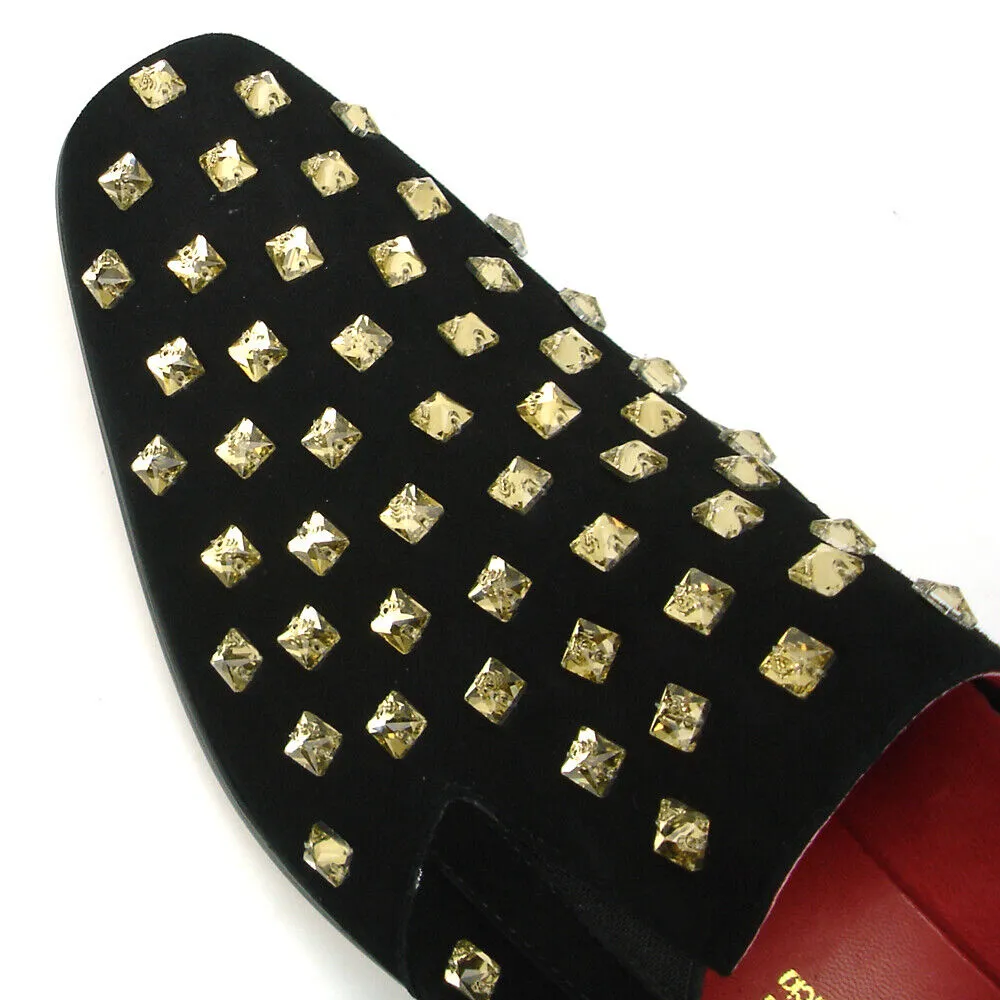 Fiesso Black Suede Gold Crystal Loafers