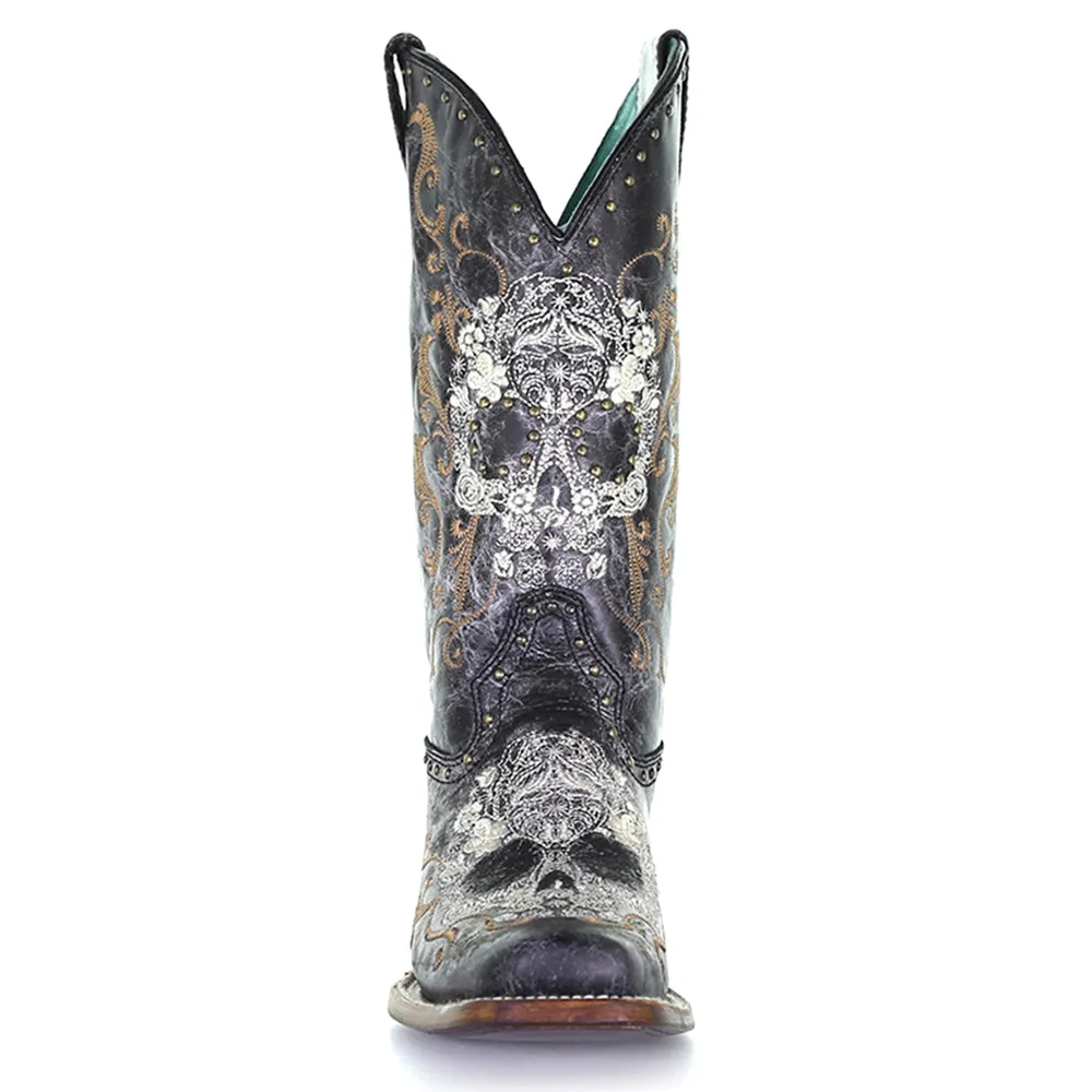 Floral Embroidery & Studs Square Toe Cowboy Boots