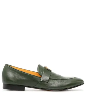 Green Leather  Lock Flat Loafer