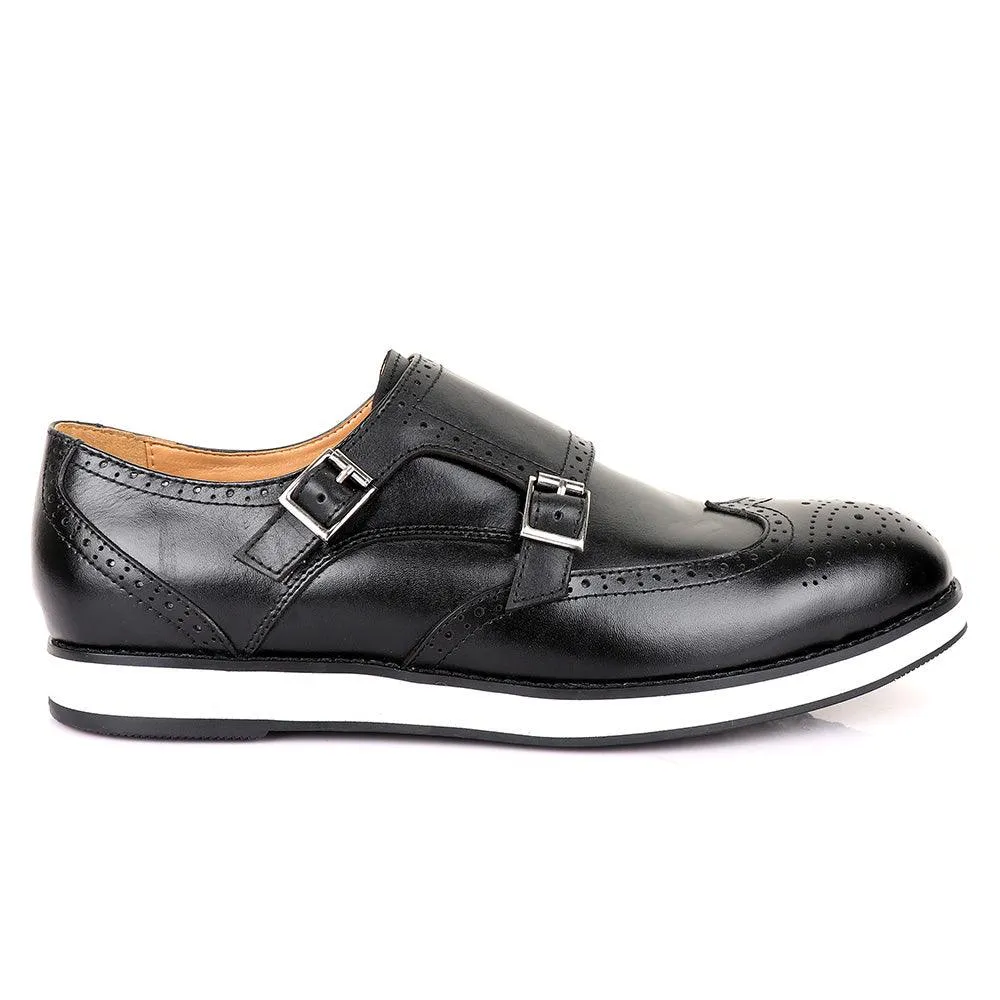 John Foster Men’s Double Monk Strap Brogues Shoes-Black