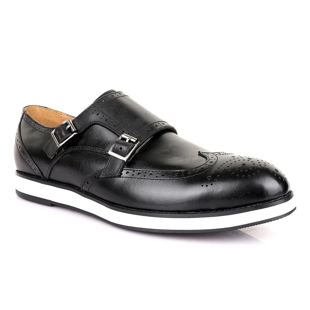 John Foster Men’s Double Monk Strap Brogues Shoes-Black