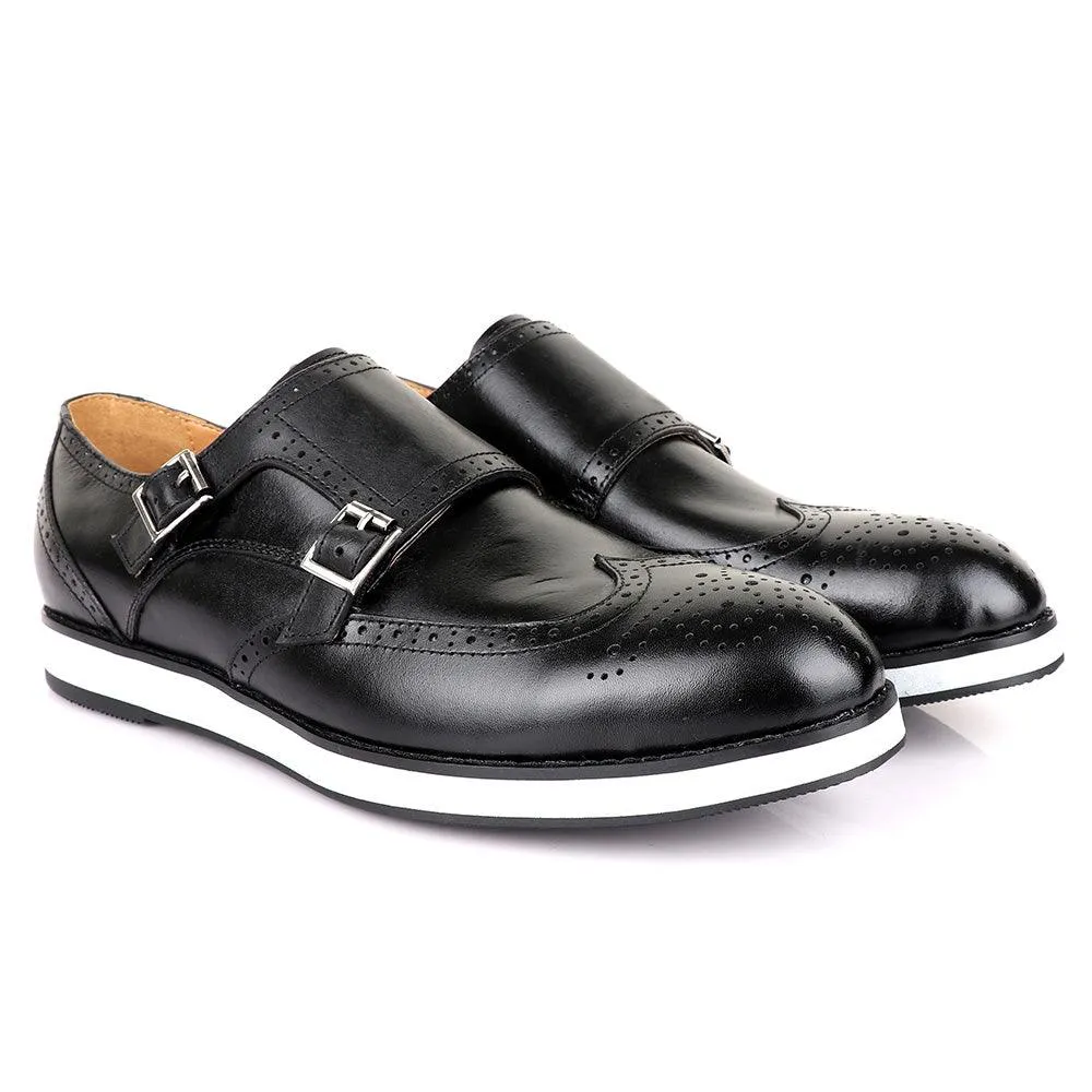 John Foster Men’s Double Monk Strap Brogues Shoes-Black