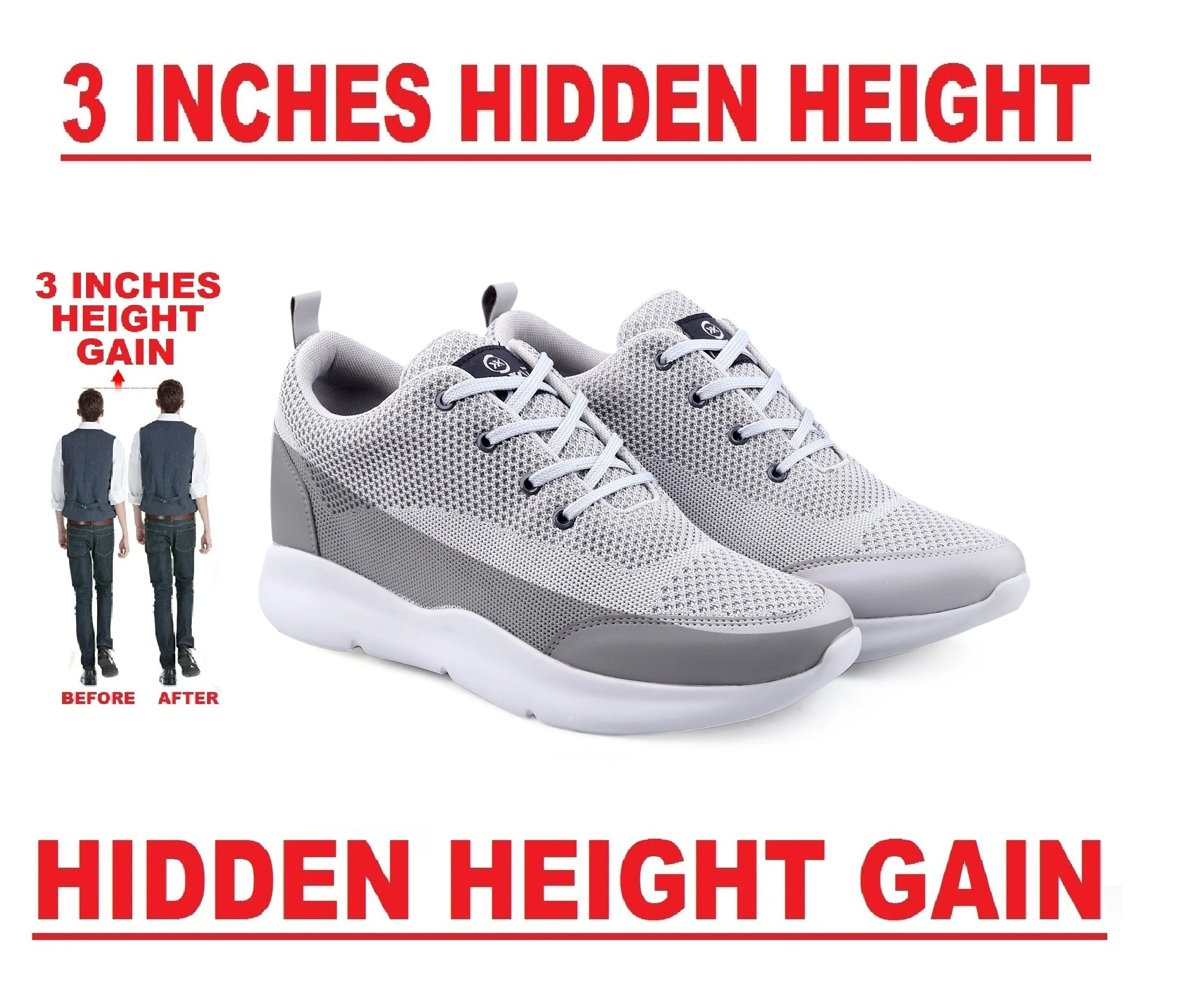 Men's 3 Inch Hidden Height Increasing Stylish Casual Sports Lace-Up Shoes