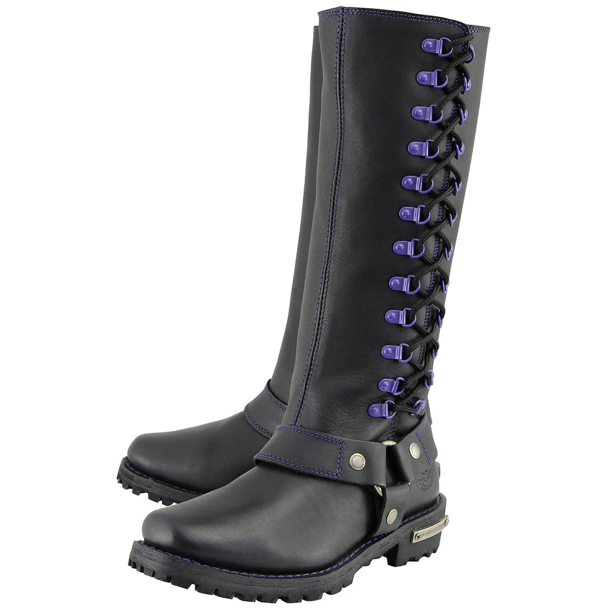 Milwaukee Leather Women's Black 14-inch Leather Harness Motorcycle Boots with Purple Accent Lacing MBL9366