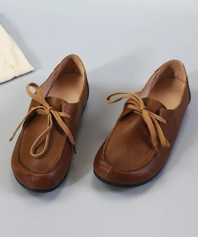 Soft Flat Shoes Brown Cowhide Leather Loafers For Women