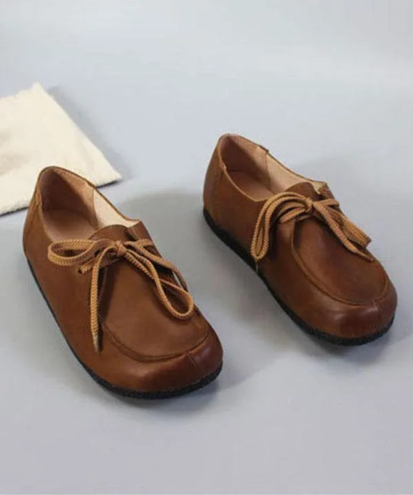 Soft Flat Shoes Brown Cowhide Leather Loafers For Women