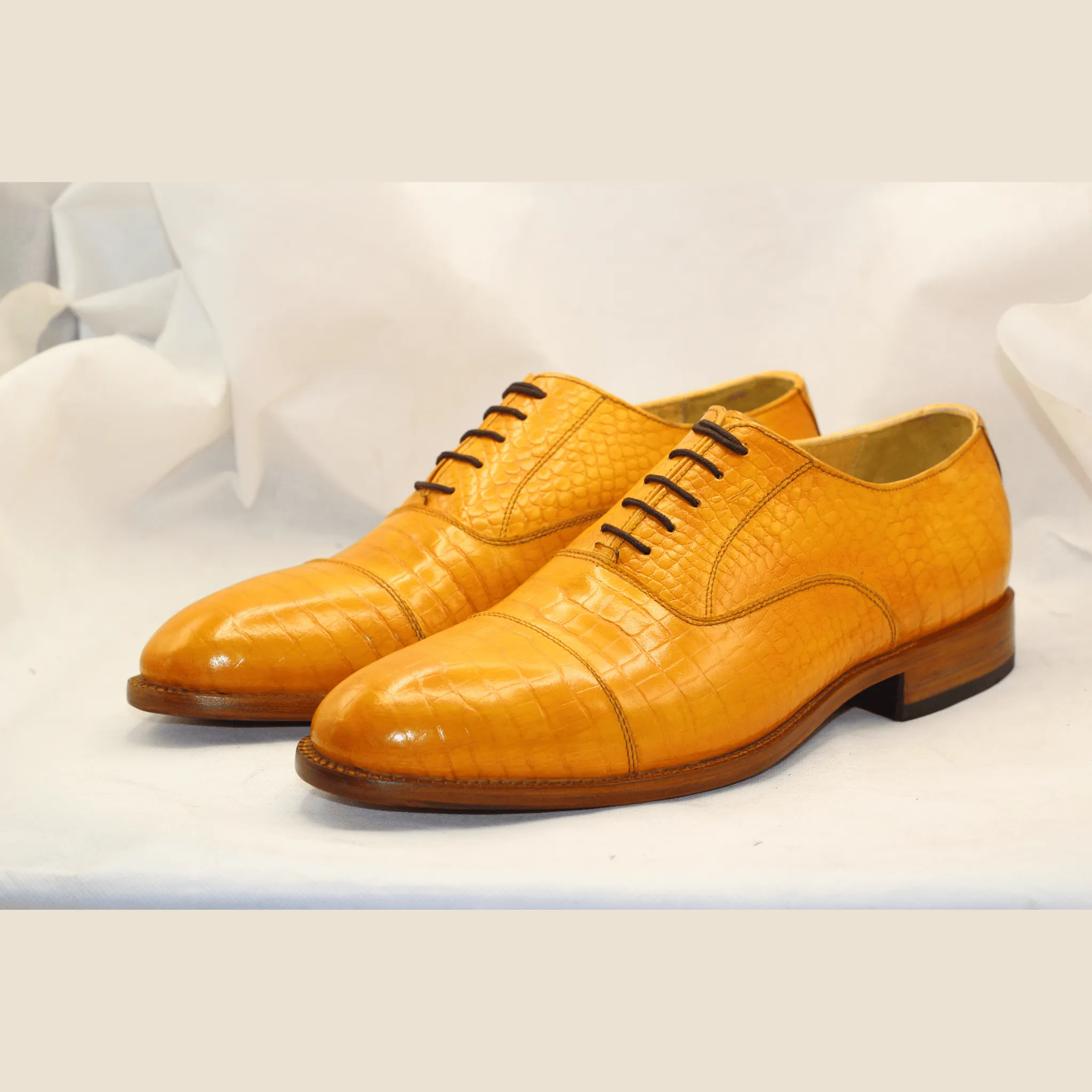 Stylish Yellow Dress Shoes with Crocodile Texture Handmade Yellow Crocodile-Pattern Men's Dress Shoes