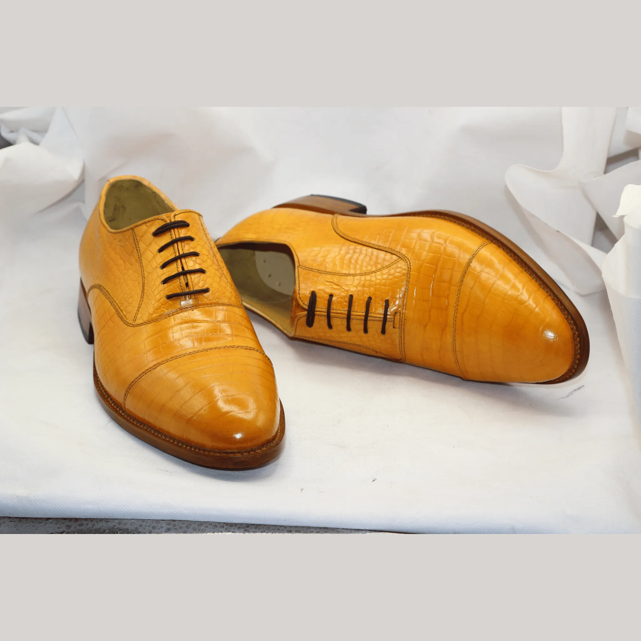 Stylish Yellow Dress Shoes with Crocodile Texture Handmade Yellow Crocodile-Pattern Men's Dress Shoes