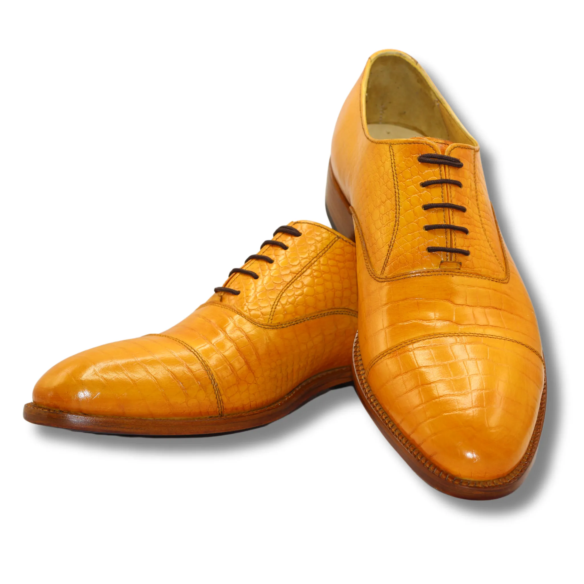 Stylish Yellow Dress Shoes with Crocodile Texture Handmade Yellow Crocodile-Pattern Men's Dress Shoes