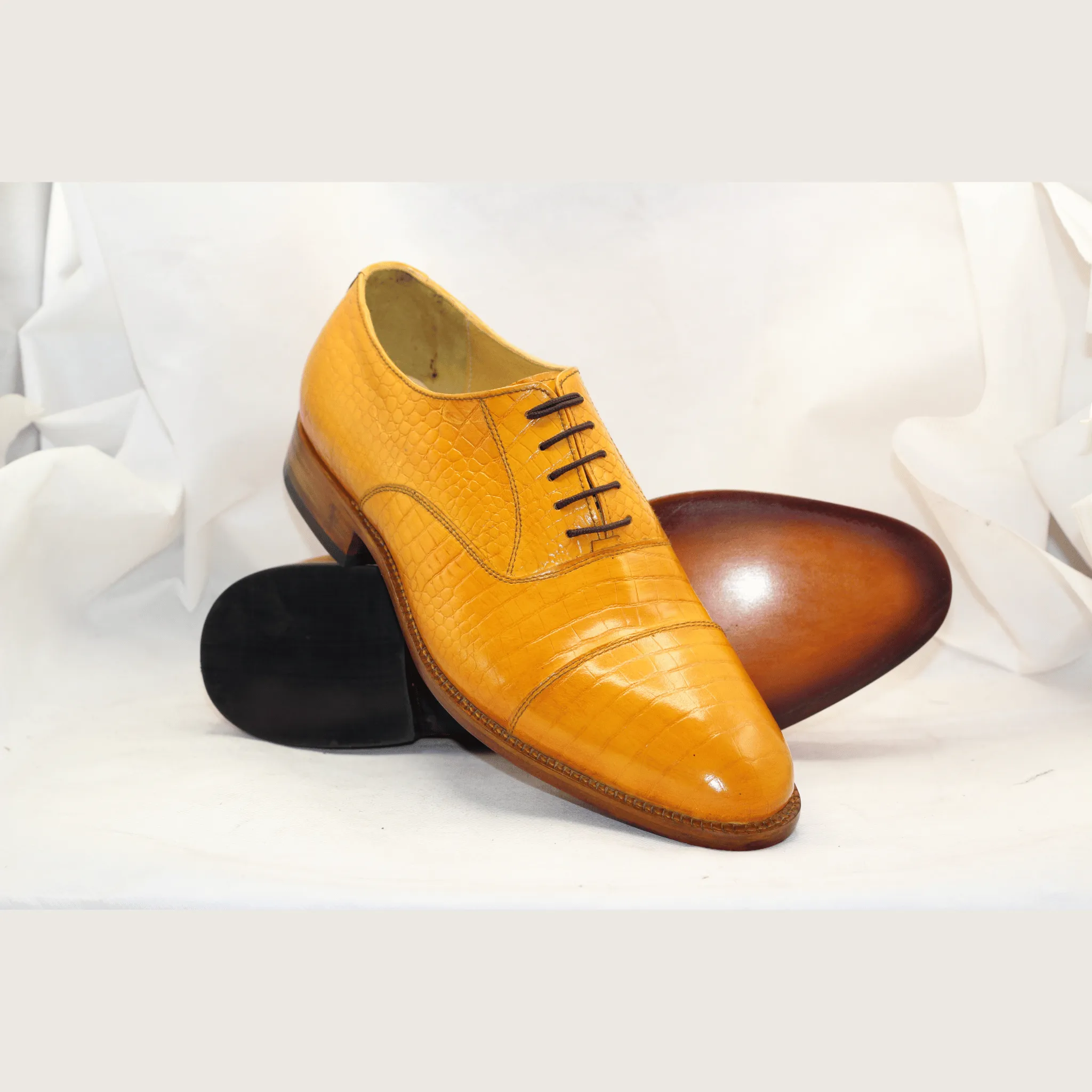 Stylish Yellow Dress Shoes with Crocodile Texture Handmade Yellow Crocodile-Pattern Men's Dress Shoes