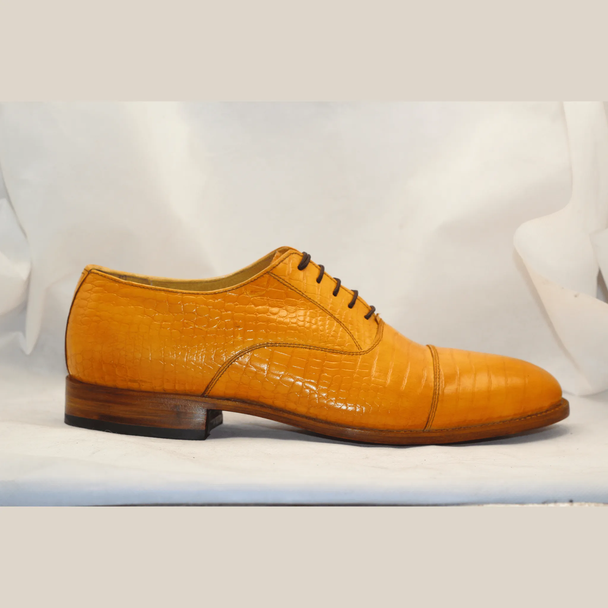 Stylish Yellow Dress Shoes with Crocodile Texture Handmade Yellow Crocodile-Pattern Men's Dress Shoes