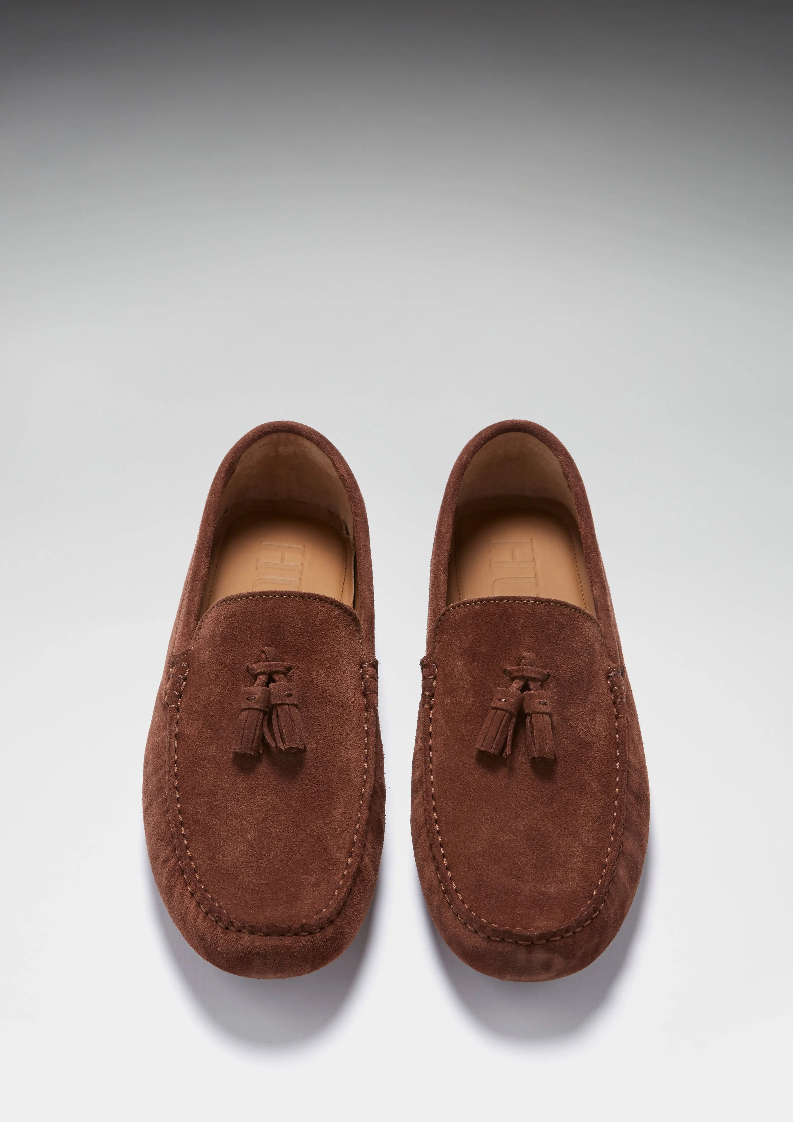 Tasselled Driving Loafers, mahogany brown suede