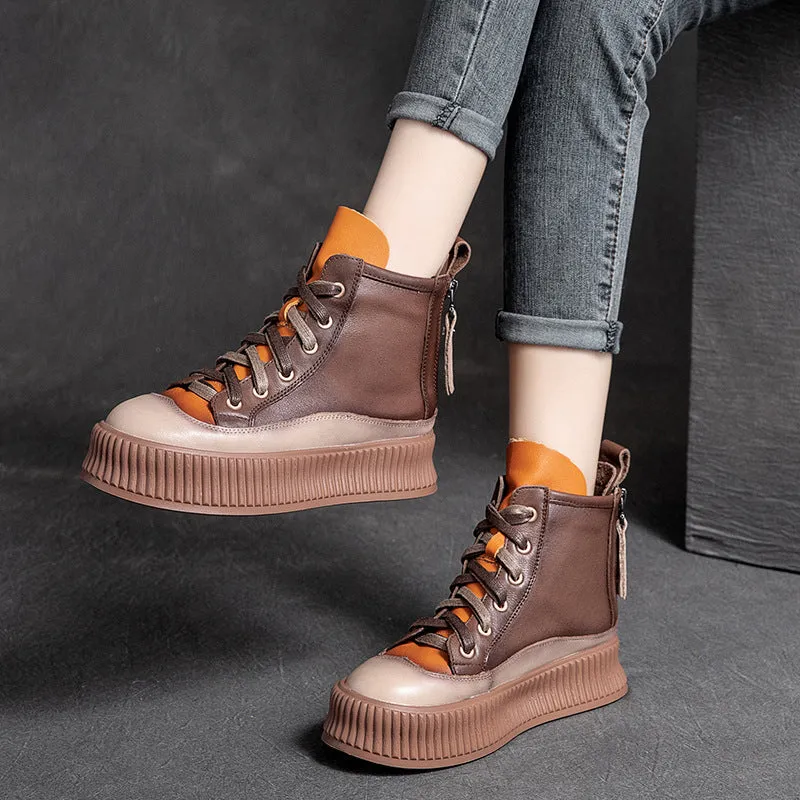 Women Retro Patchwork Leather Flat Stylish Boots