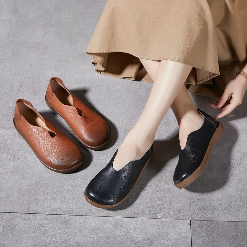 Womens Round Toe Soft Leather Slip-On Loafers